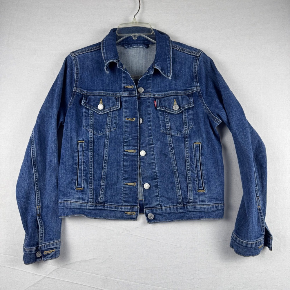 Levis Denim Trucker Jacket Medium Wash Blue Cotton Button Up Womens Small